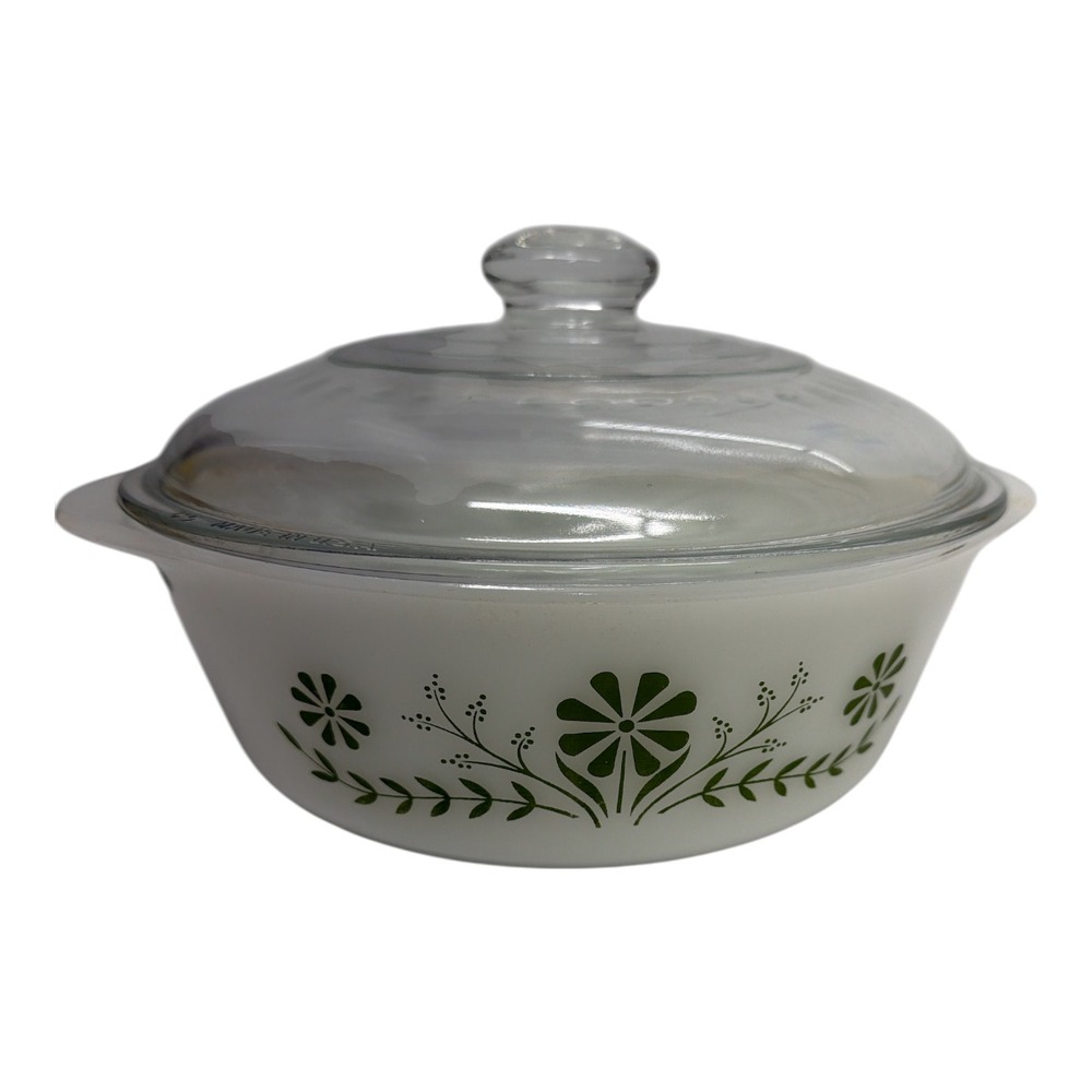 Glasbake Green Daisy W/Lid Casserole Dish 1.5 Qt Milk Glass J-2600